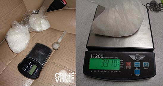 2 bags of meth were found in the car. Each weighed in at about 3.9 ounces.
