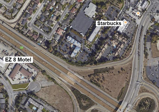 A Google Maps image shows the path from EZ8 to Starbucks over the I-880 Freeway.