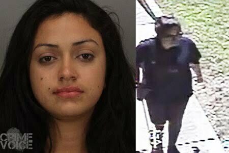 Kristina Hernandez in her booking photo, and standing at the front door of the house.