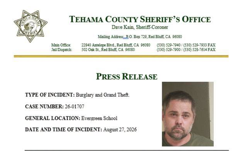 Redding Man Arrested Following Construction Equipment Theft at Evergreen School